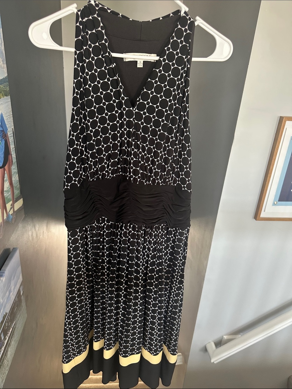 Tahari ASL Black & White Polka Dot Maxi Dress with Cream Hem